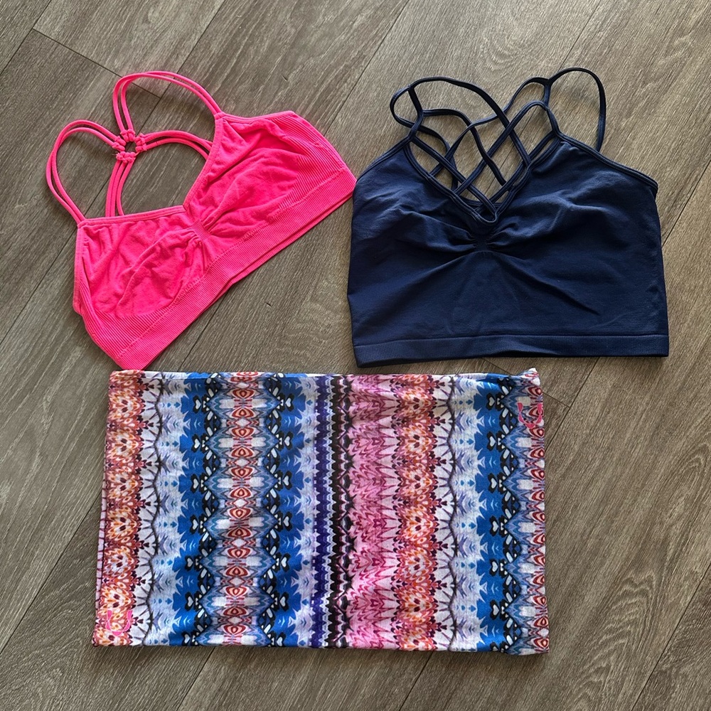 Neon Pink & Navy Strappy Bralettes + Multicolor Patterned headband